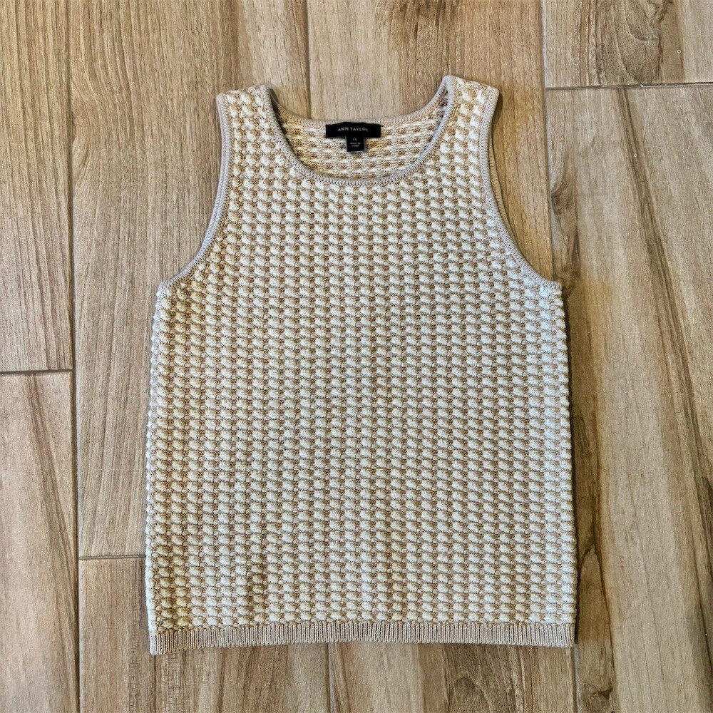 Ann Taylor Sweater Shell Tank Top Womens XS Beige Metallic Textured Knit